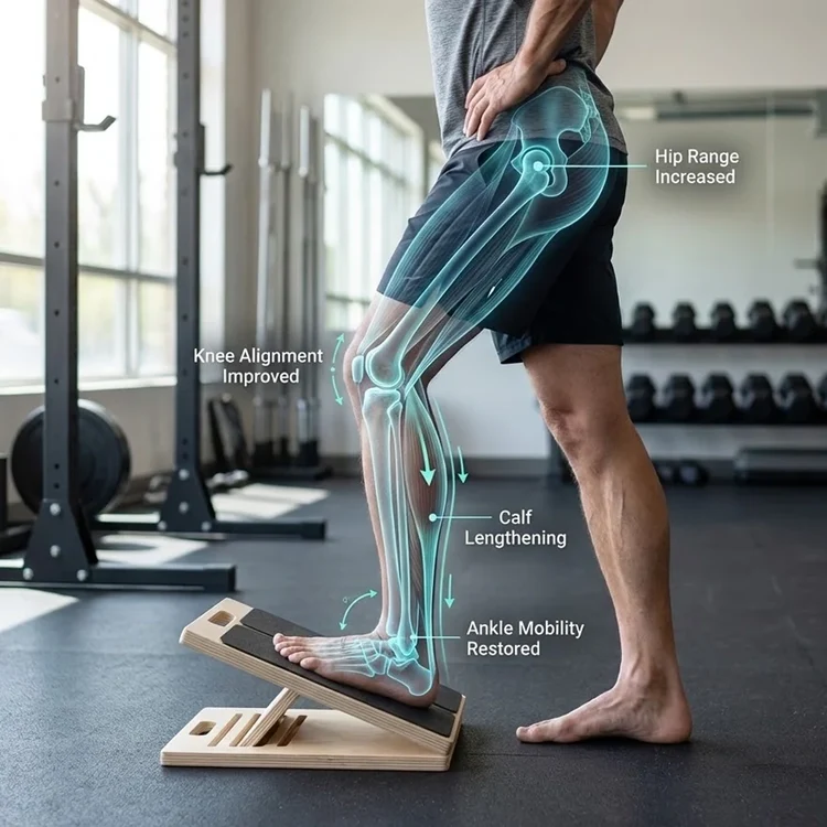 Anatomy overlay showing hip range, knee alignment, calf lengthening and ankle mobility while using the Mirvoso incline board