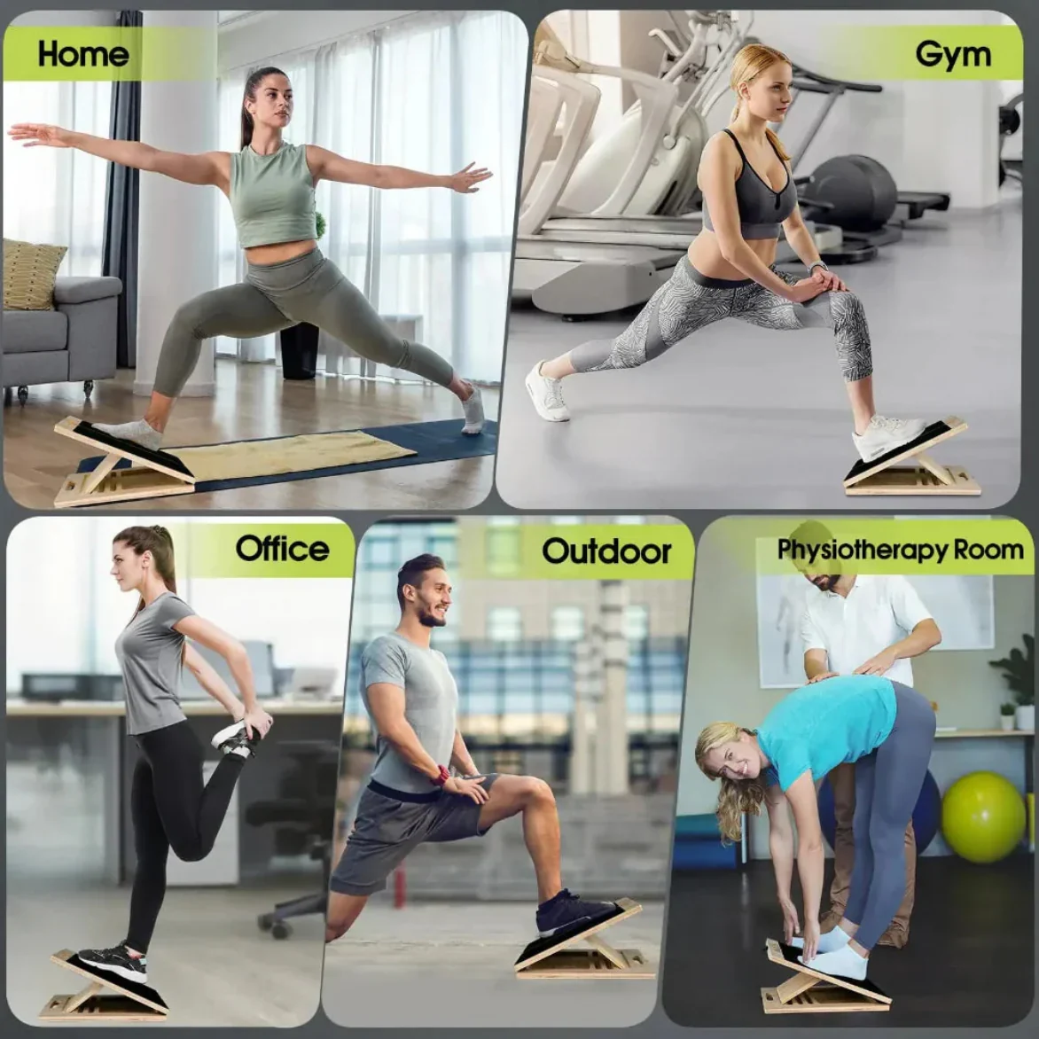 The Mirvoso incline board in use at home, the gym, the office, outdoors and in a physiotherapy room