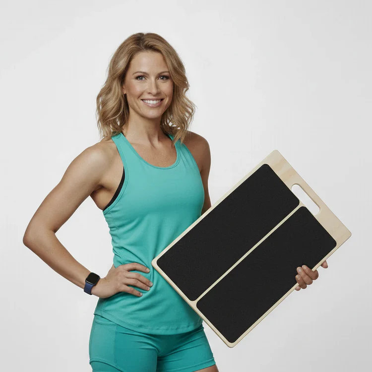 Woman holding the Mirvoso wooden incline board